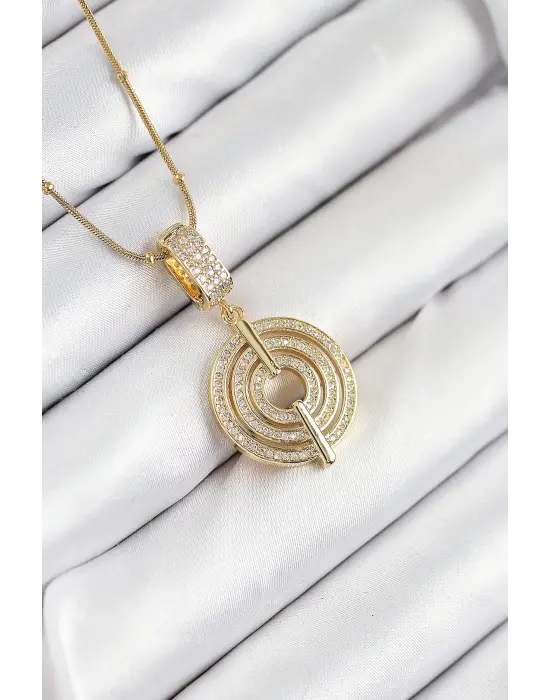 316L Çelik Zirkon Taşlı Çember Model Gold Renk Kadın Kolye