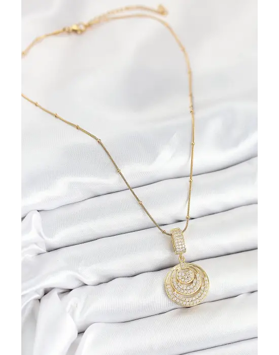 316L Çelik Zirkon Taşlı Çember Model Gold Renk Kadın Kolye