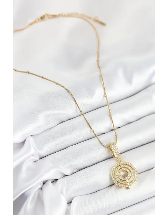 316L Çelik Zirkon Taşlı Çember Model Gold Renk Kadın Kolye