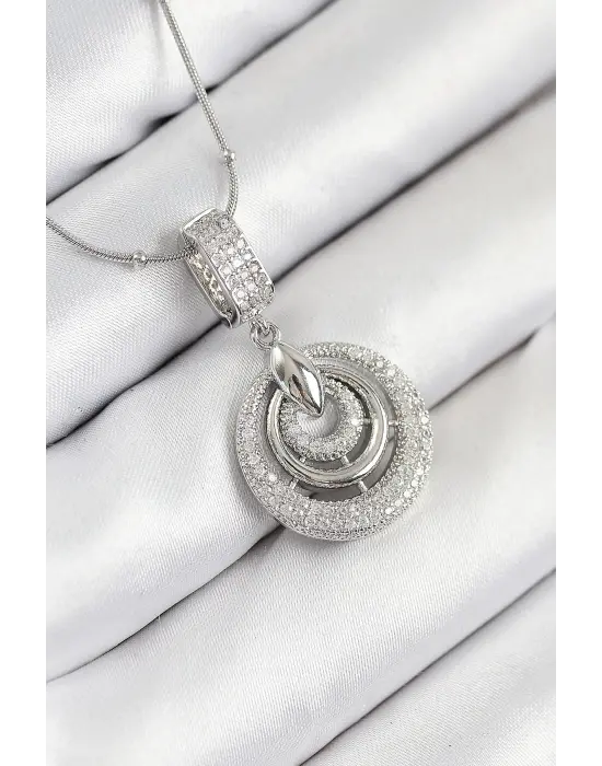 316L Çelik Zirkon Taşlı Çember Model Gümüş Renk Kadın Kolye