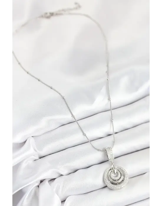 316L Çelik Zirkon Taşlı Çember Model Gümüş Renk Kadın Kolye