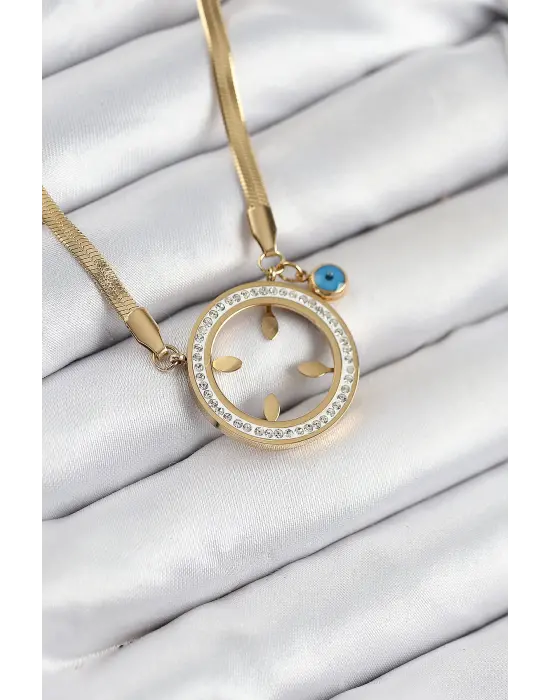316L Çelik Zirkon Taşlı Çeyrek Takılabilir Gold Renk Kadın Kolye