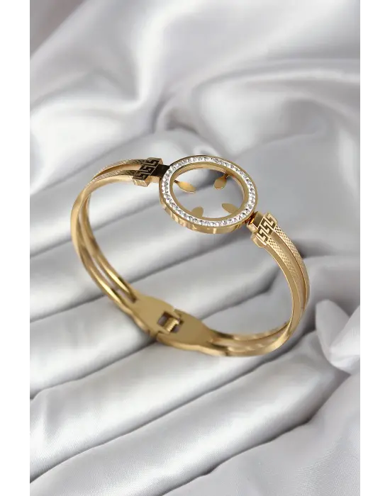 316L Çelik Zirkon Taşlı Çeyrek Takılabilir Model Gold Renk Kadın Kelepçe