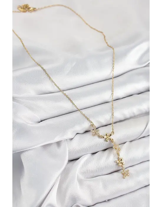 316L Çelik Zirkon Taşlı Çiçek Model Gold Renk Kadın Kolye