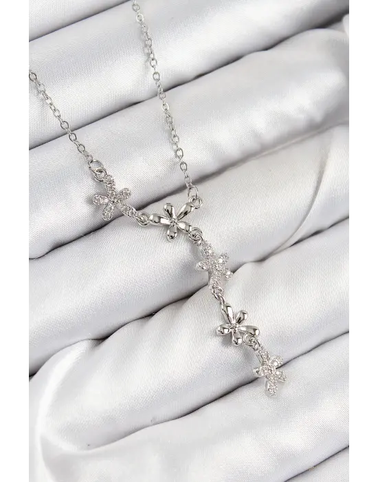 316L Çelik Zirkon Taşlı Çiçek Model Gümüş Renk Kadın Kolye