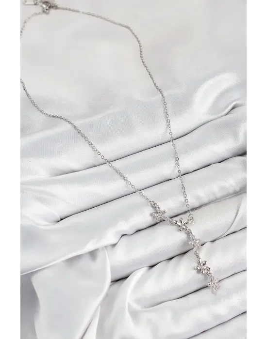 316L Çelik Zirkon Taşlı Çiçek Model Gümüş Renk Kadın Kolye