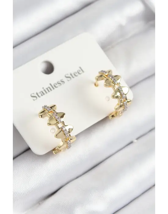 316L Çelik Zirkon Taşlı Çit Halka Model Gold Renk Kadın Küpe