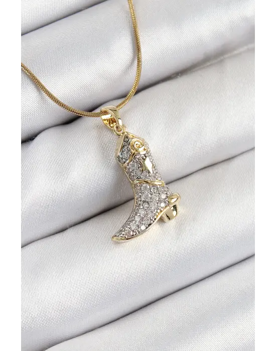 316L Çelik Zirkon Taşlı Çizme Model Gold Renk Kadın Kolye