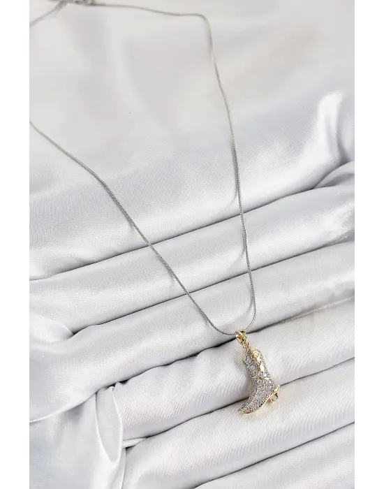 316L Çelik Zirkon Taşlı Çizme Model Gümüş Renk Kadın Kolye