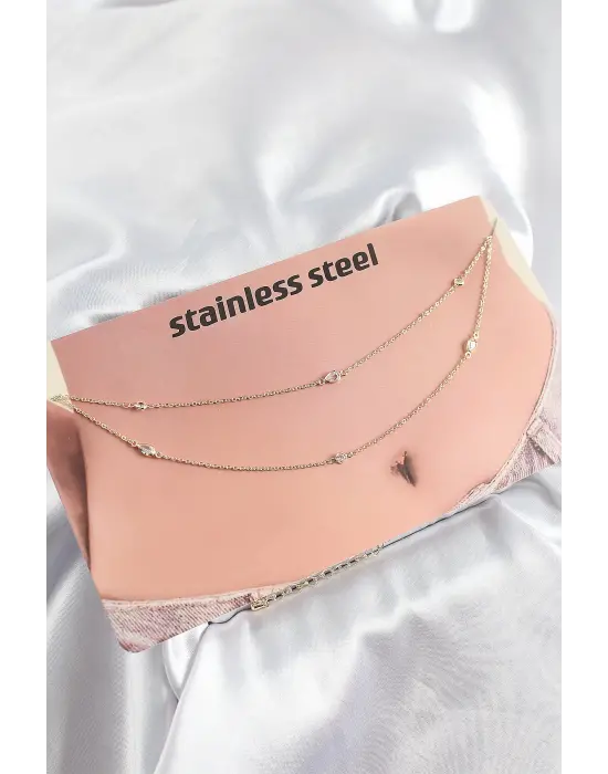 316L Çelik Zirkon Taşlı Damla Model Gold Renk Göbek Zinciri