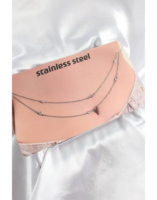 316L Çelik Zirkon Taşlı Damla Model Gümüş Renk Göbek Bel Zinciri