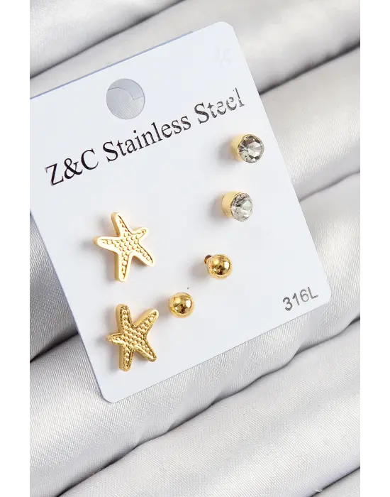 316L Çelik Zirkon Taşlı Deniz Yıldızı Model Gümüş Renk Kadın Set Küpe