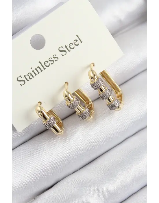 316L Çelik Zirkon Taşlı Dikdörtgen Model Gold Renk 3lü Set Kadın Küpe