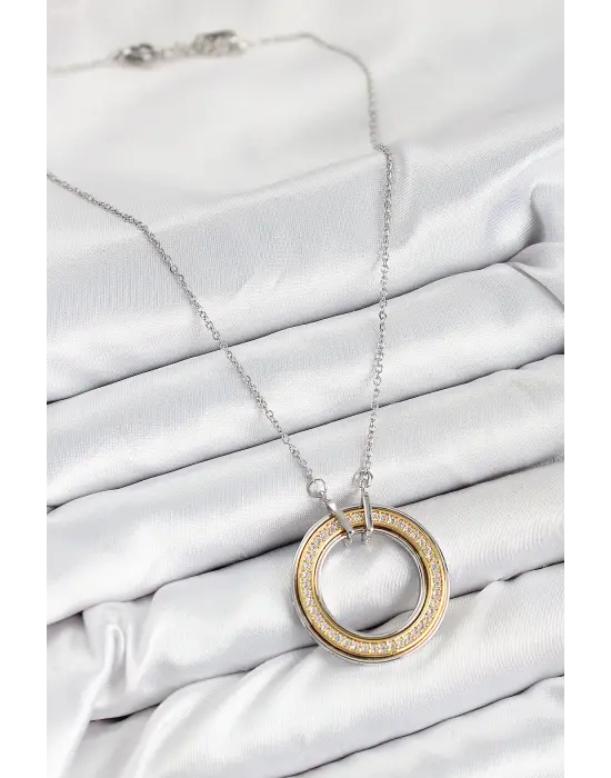 316L Çelik Zirkon Taşlı Dönen Daire Model Gold Ve Gümüş Renk Kadın Kolye