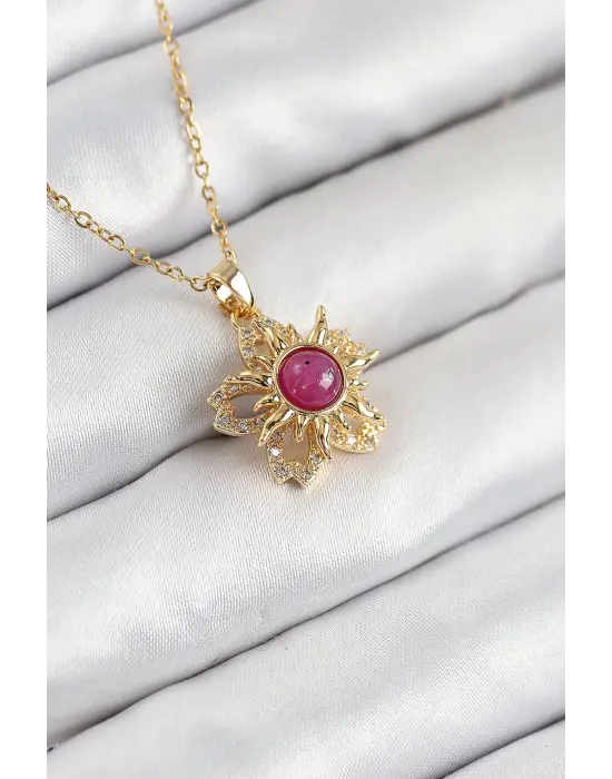 316L Çelik Zirkon Taşlı Döner Güneş Model Gold Renk Kadın Kolye