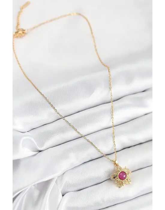 316L Çelik Zirkon Taşlı Döner Güneş Model Gold Renk Kadın Kolye