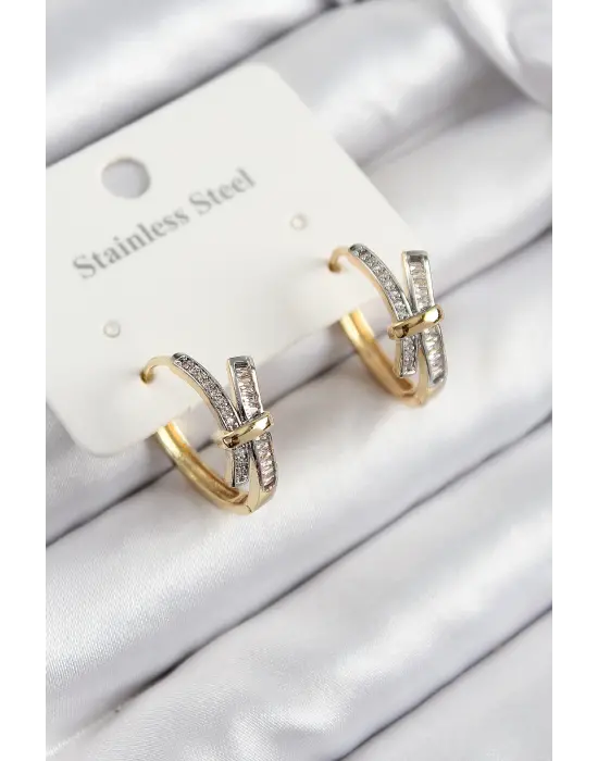 316L Çelik Zirkon Taşlı Düğüm Halka Model Gold Ve Gümüş Renk Kadın Küpe