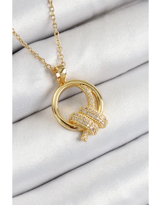 316L Çelik Zirkon Taşlı Düğüm Model Gold Renk Kadın Kolye
