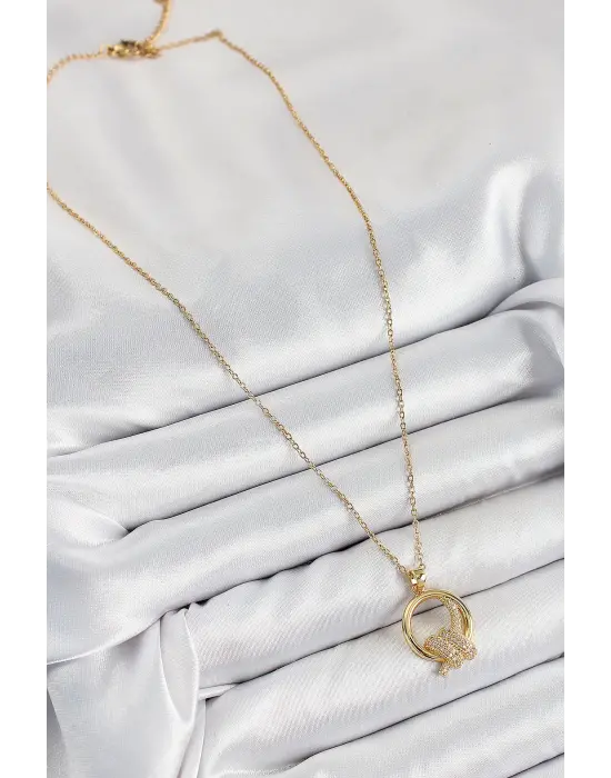 316L Çelik Zirkon Taşlı Düğüm Model Gold Renk Kadın Kolye