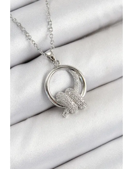 316L Çelik Zirkon Taşlı Düğüm Model Gümüş Renk Kadın Kolye