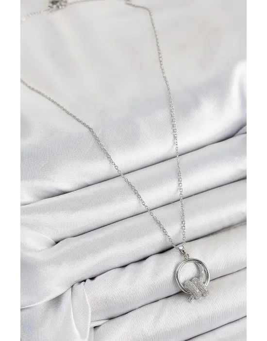 316L Çelik Zirkon Taşlı Düğüm Model Gümüş Renk Kadın Kolye