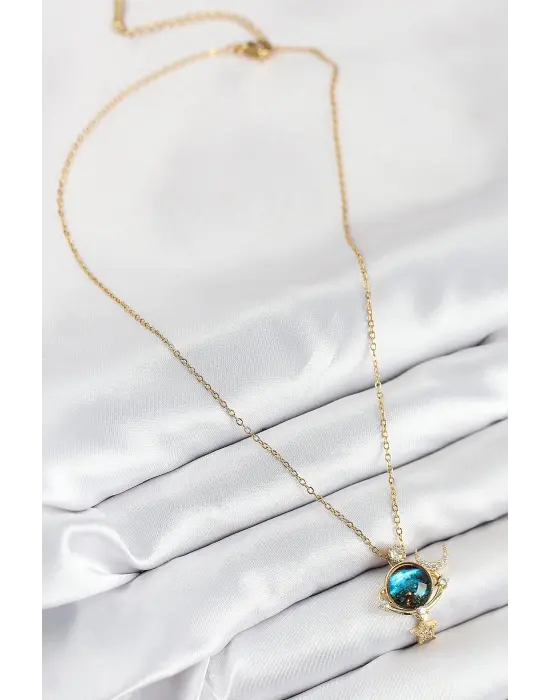 316L Çelik Zirkon Taşlı Gezegen Model Gold Renk Kadın Kolye