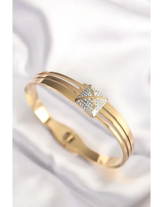 316L Çelik Zirkon Taşlı Gold Renk Kadın Kelepçe Bilezik