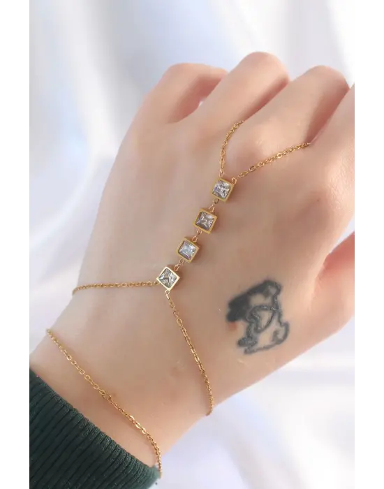 316L Çelik Zirkon Taşlı Gold Renk Minimal Kare Tasarımlı Şahmeran