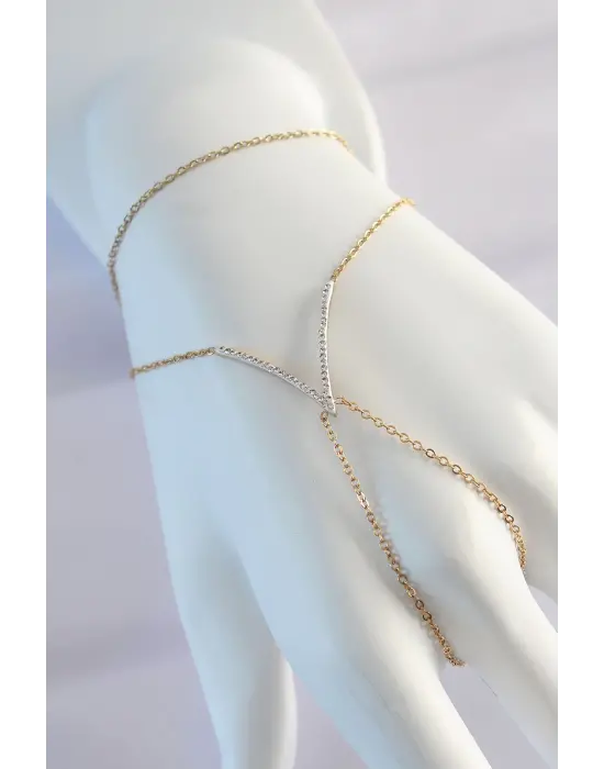 316L Çelik Zirkon Taşlı Gold Renk V Model Şahmeran