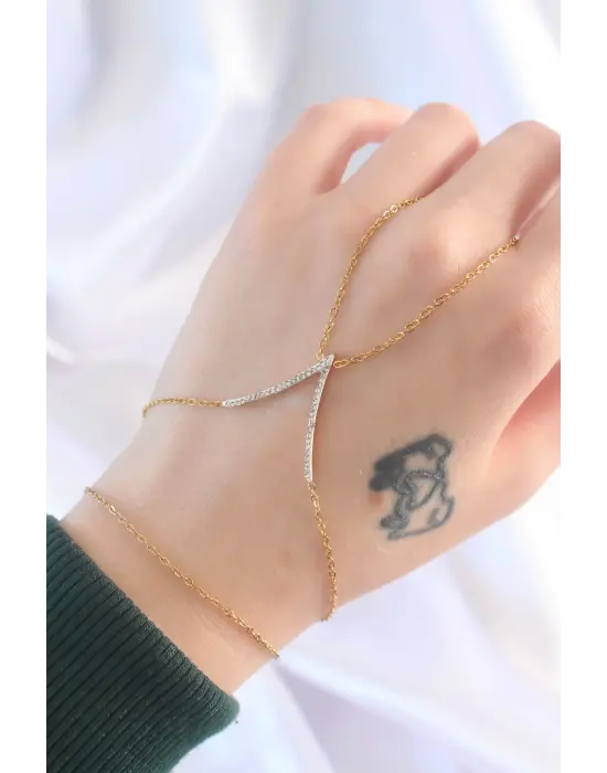 316L Çelik Zirkon Taşlı Gold Renk V Model Şahmeran