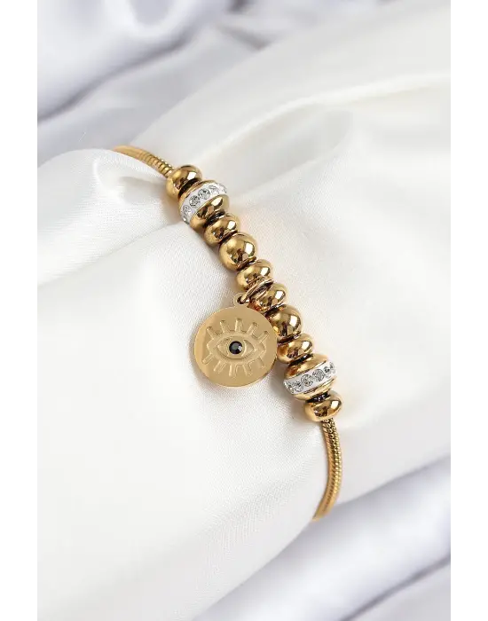 316L Çelik Zirkon Taşlı Göz Charm Model Gold Renk Kadın Bileklik