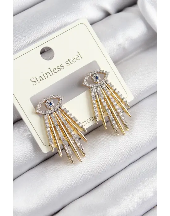 316L Çelik Zirkon Taşlı Göz Model Gold Renk Kadın Küpe