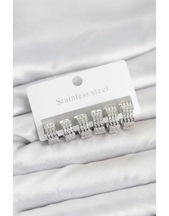 316L Çelik Zirkon Taşlı Gümüş Renk Halka Küpe Seti