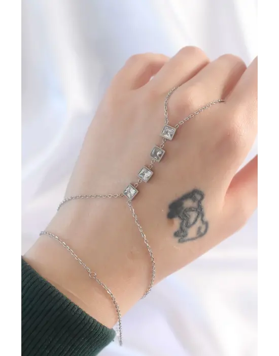 316L Çelik Zirkon Taşlı Gümüş Renk Minimal Kare Tasarımlı Şahmeran