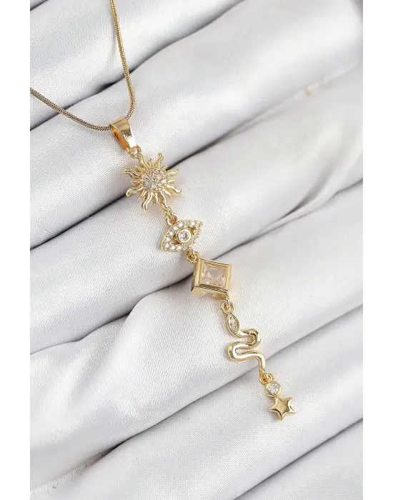 316L Çelik Zirkon Taşlı Güneş Ve Ay Enerji Model Gold Renk Kadın Kolye