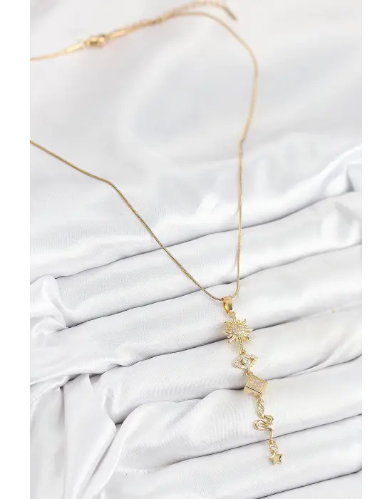 316L Çelik Zirkon Taşlı Güneş Ve Ay Enerji Model Gold Renk Kadın Kolye