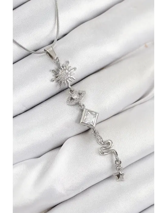 316L Çelik Zirkon Taşlı Güneş Ve Ay Enerji Model Gümüş Renk Kadın Kolye