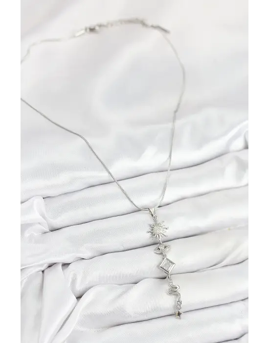 316L Çelik Zirkon Taşlı Güneş Ve Ay Enerji Model Gümüş Renk Kadın Kolye