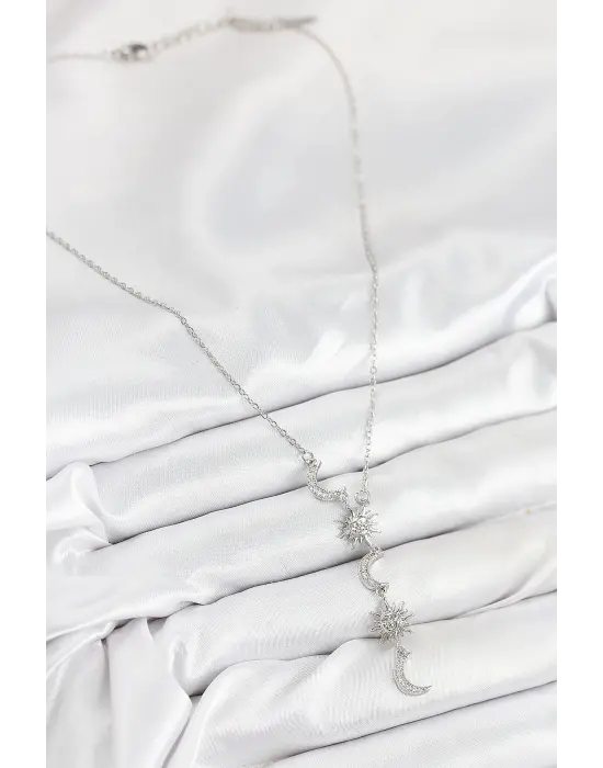 316L Çelik Zirkon Taşlı Güneş Ve Ay Model Gümüş Renk Kadın Kolye