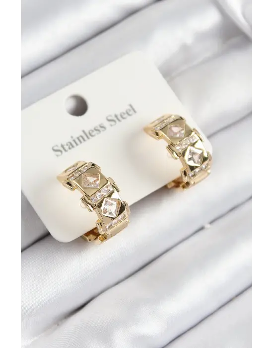 316L Çelik Zirkon Taşlı Halka Model Gold Renk Kadın Küpe