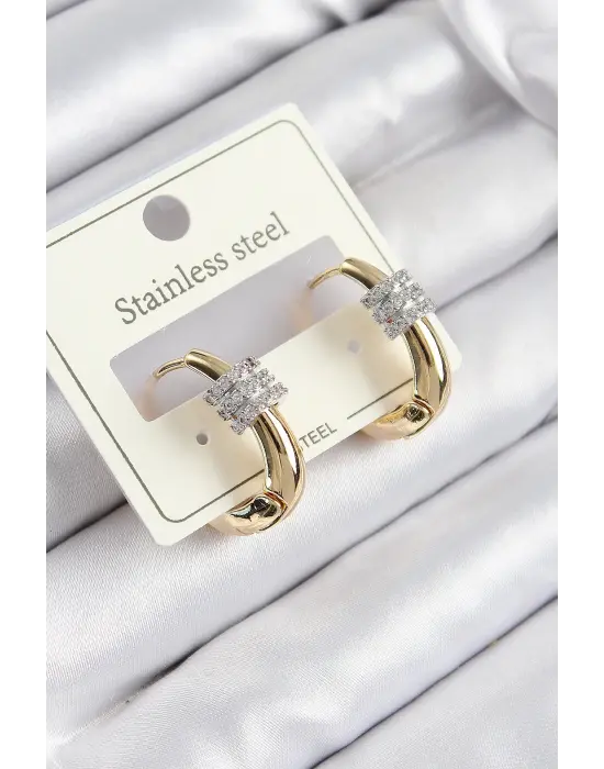 316L Çelik Zirkon Taşlı Halka Model Gold Renk Kadın Küpe