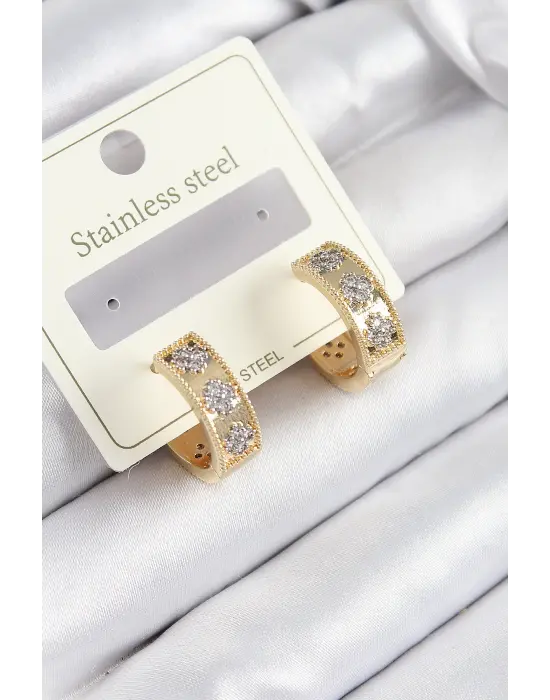 316L Çelik Zirkon Taşlı Halka Model Gold ve Gümüş Renk Kadın Küpe