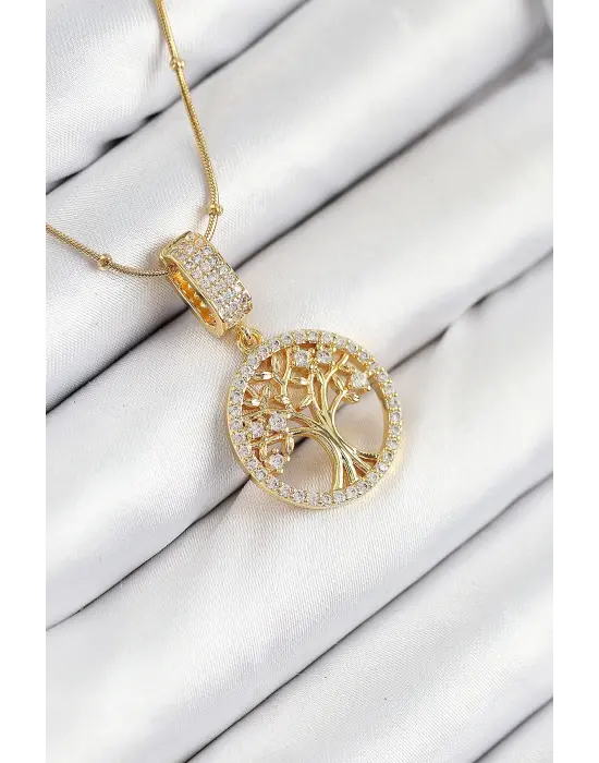316L Çelik Zirkon Taşlı Hayat Ağacı Model Gold Renk Kadın Kolye