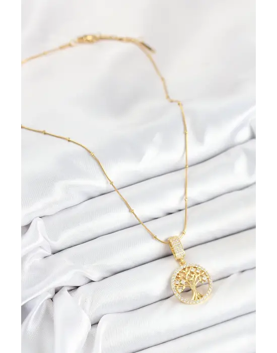 316L Çelik Zirkon Taşlı Hayat Ağacı Model Gold Renk Kadın Kolye