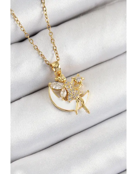 316L Çelik Zirkon Taşlı Hilal Melek Model Gold Renk Kadın Kolye