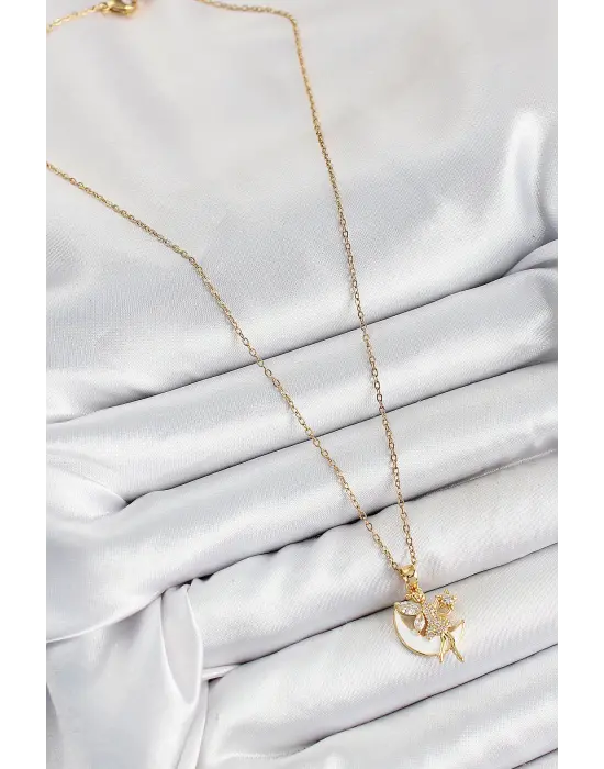 316L Çelik Zirkon Taşlı Hilal Melek Model Gold Renk Kadın Kolye