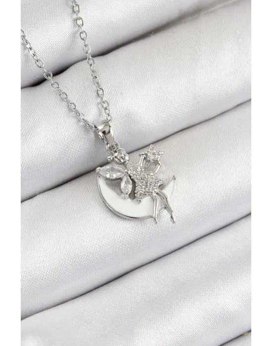 316L Çelik Zirkon Taşlı Hilal Melek Model Gümüş Renk Kadın Kolye