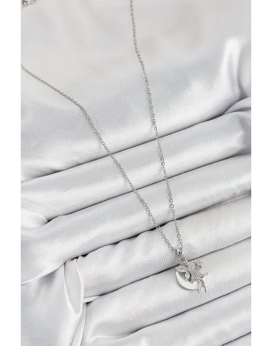 316L Çelik Zirkon Taşlı Hilal Melek Model Gümüş Renk Kadın Kolye