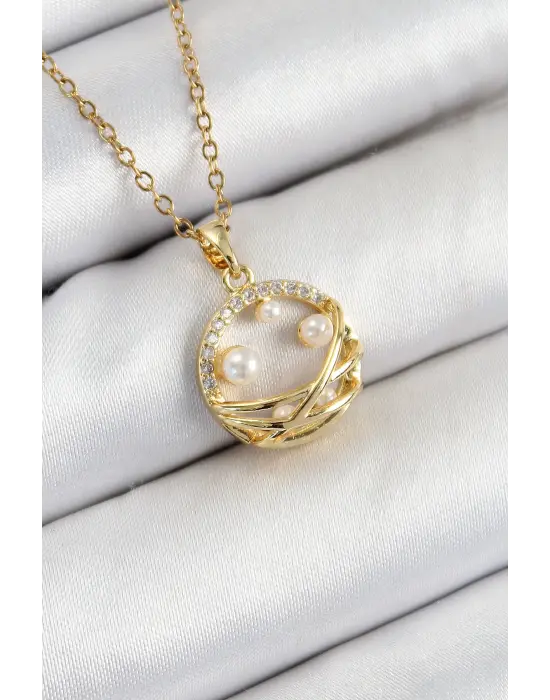 316L Çelik Zirkon Taşlı İnci Detaylı Halka Model Gold Renk Kadın Kolye