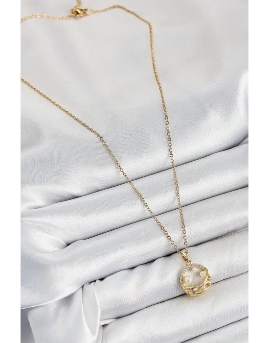 316L Çelik Zirkon Taşlı İnci Detaylı Halka Model Gold Renk Kadın Kolye